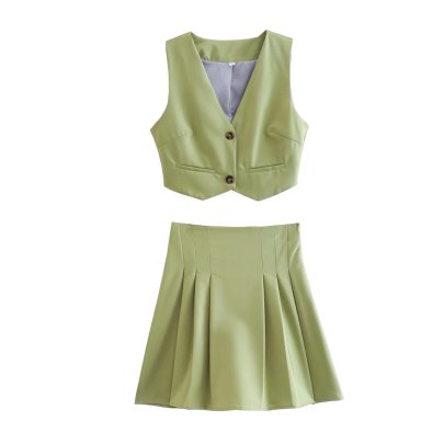 Solid Color Button V Neck Sleeveless Vest And High Waist Pleated Skirt Suit NSAM131130