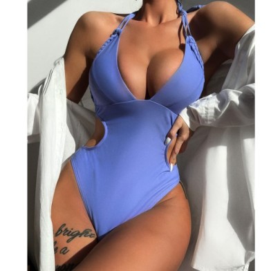 Low-cut Backless Hanging Neck Solid Color One Piece Swimsuit NSDA131205