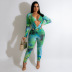 printed long sleeve wrap chest deep v tight one-piece top and pants suit NSZH131313