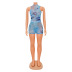 mesh printed stand collar sleeveless tight one-piece top and shorts two-piece suit NSZH131316