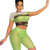 short-sleeved tight round neck high waist color matching mesh top and shorts set NSZH131317