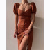 single-breasted solid color slim short sleeve low-cut slit dress NSCXY131331