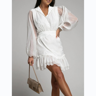 Single-breasted Solid Color Ruffled Long Sleeve V Neck Slim Dress NSCXY131338