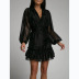 single-breasted solid color ruffled long sleeve v neck slim dress NSCXY131338