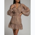 single-breasted solid color ruffled long sleeve v neck slim dress NSCXY131338