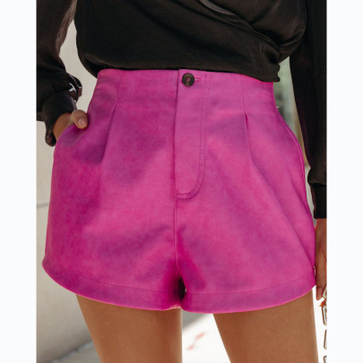 High Waist Straight Casual Solid Color Leather Shorts NSCXY131340