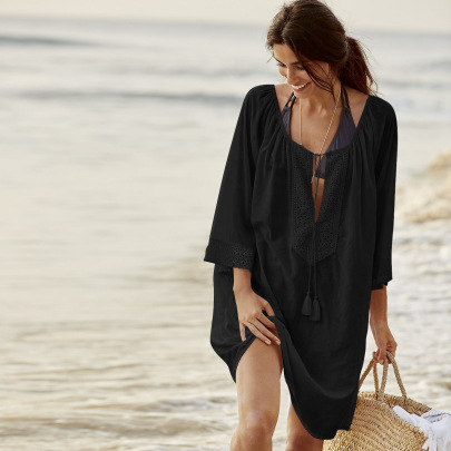 Loose Long Sleeve Lace-up Solid Color Beach Outdoor Cover-up NSMUX131414