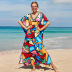 printed loose short sleeve v neck slit beach outdoor cover-up-Multicolor NSMUX131415