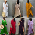 loose long sleeve slit v neck solid color beach outdoor cover-up robe-Multicolor NSMUX131425