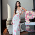 hanging neck backless wrap chest lace-up slit flower print Dress NSAFS131468
