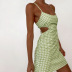 cross suspender backless low-cut lace-up slim plaid print dress NSXE131479