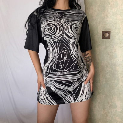 Printing Round Neck Short Sleeves Slim T-shirt Dress NSKAJ131491