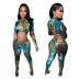 print round neck long sleeve tight lace-up wrap chest top and pant set NSCYF131530