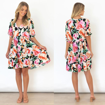 Loose V-neck Short-sleeved Flower Printed Dress NSJRM131529