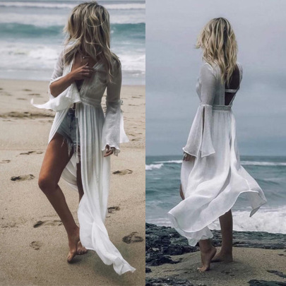 Bell-sleeved Backless Lace-up Deep V Loose Solid Color Beach Outdoor Cover-up NSMUX131429