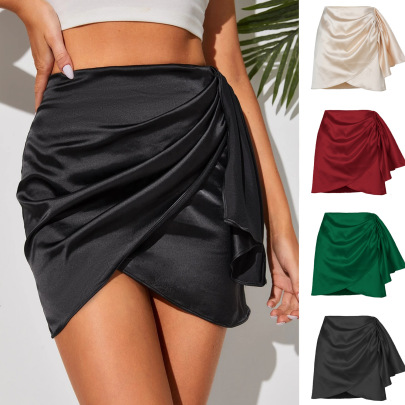Irregular Slim High Waist Solid Color Satin Skirt NSLDY131544