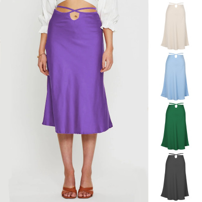 Mid-waist Slim Simple Solid Color Satin Skirt-Multicolor NSLDY131546