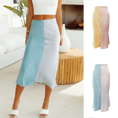 Long Slim High Waist Color Matching Satin Skirt NSLDY131547