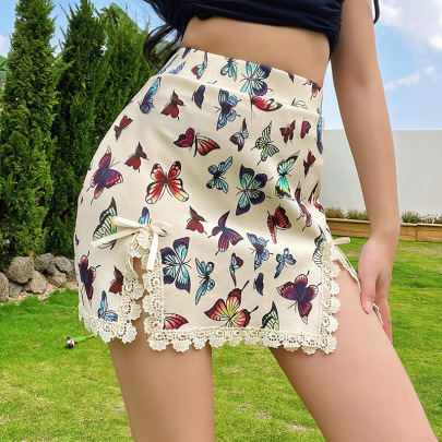 Lace Edge Butterfly Print Slit High Waist Skirt NSXE131581