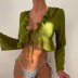 top de traje de baño de gasa de color sólido con cordones de manga larga con cuello de hoja de loto NSFPP131591