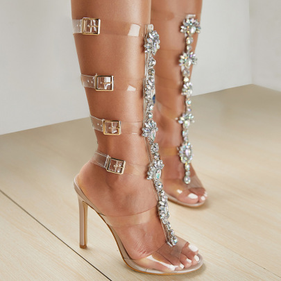 Transparent One-word Belt Buckle Rhinestone High-heeled Sandals NSGXL131614