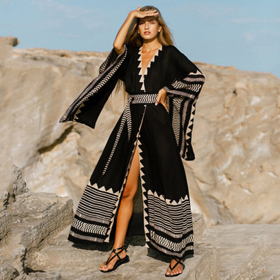 Printed Long Sleeve Slit V Neck Lace-up Beach Outdoor Cover-up NSMUX131633