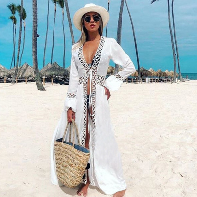 Long Sleeve Lace-up Hollow Long Solid Color Beach Outdoor Cover-up NSMUX131635