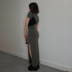 short-sleeved slit lapel low-cut slim solid color dress NSHLJ131642
