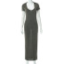 short-sleeved slit lapel low-cut slim solid color dress NSHLJ131642