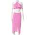 hanging neck backless high waist slit lace-up solid color vest and skirt set NSHLJ131650