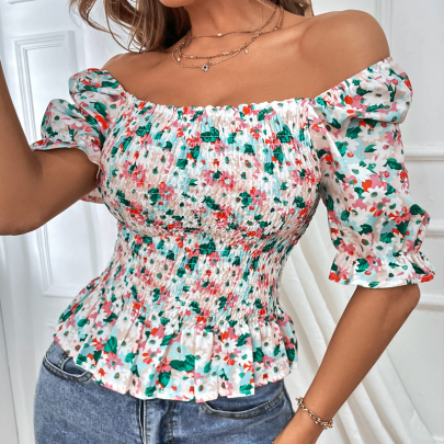 Puff Sleeve Square Neck Slim Floral Top NSYID130183