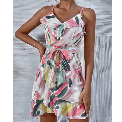 Print Sling Backless Lace-up Ruffle Slim Dress NSYID130179