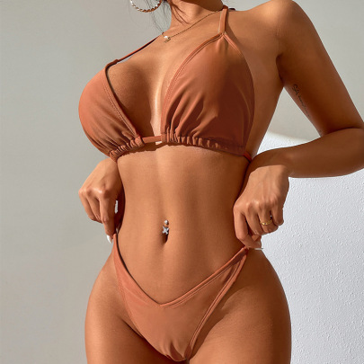 Hanging Neck Backless Lace-up Solid Color Bikini Two-piece Set NSFPP131589