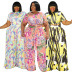 plus size printing round neck short sleeve wide-leg top and trouser set NSLNW131703