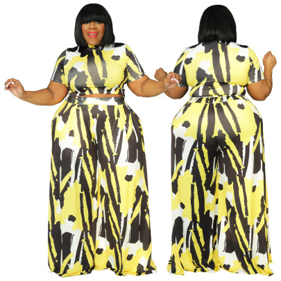 Plus Size Printing Round Neck Short Sleeve Wide-leg Top And Trouser Set NSLNW131703