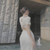 vestido ajustado de color sólido de manga corta sin cintura con pliegues huecos NSBJD131715