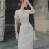 hollow kink waistless short-sleeved slim solid color dress NSBJD131715