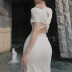 hollow kink waistless short-sleeved slim solid color dress NSBJD131715