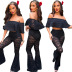 lace solid color One-word Shoulder Ruffles short top and high waist Flared Pants Set NSWMZ131730