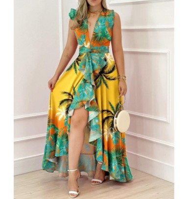 Print/solid Color Deep V Sleeveless Lace-up Ruffle Dress NSHM131550