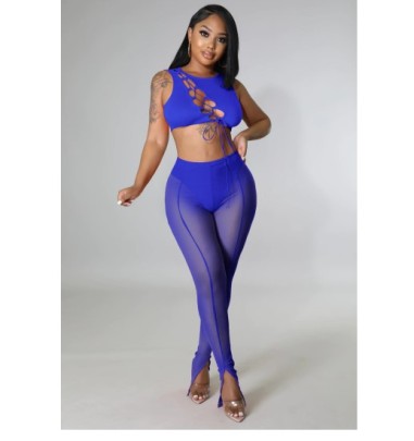 Sleeveless Hollow Tight Lace-up Round Neck Solid Color See-through Vest And Pant Set NSWMZ131728