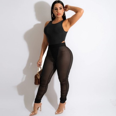 Sleeveless Round Neck Tight High Waist Solid Color See-through One-piece Top And Pant Set NSWMZ131727