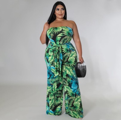 Plus Size Printing Tube Top Backless Lace-up Wide-leg Jumpsuit NSLNW131704