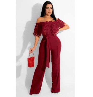 Ruffled One-word Shoulder Lace-up Slim Solid Color Jumpsuit NSWMZ131725