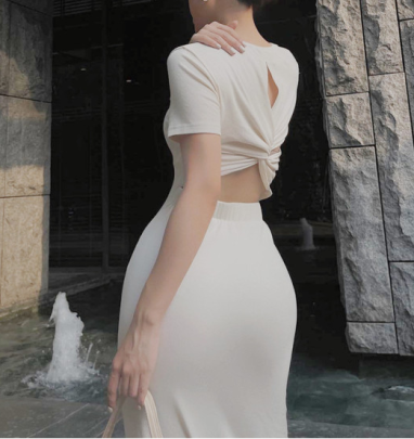 Hollow Kink Waistless Short-sleeved Slim Solid Color Dress NSBJD131715
