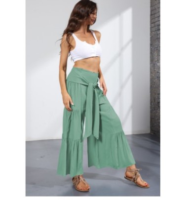 Wide-leg Loose High Waist Lace-up Solid Color Trousers NSMID131695