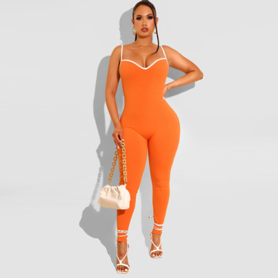 Suspender Backless Low-cut Tight Solid Color Jumpsuit NSME131772