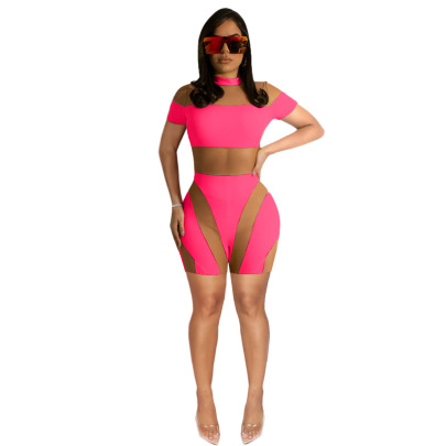 Round Neck Short Sleeve Tight High Waist Solid Color See-through Top And Shorts Set NSME131773