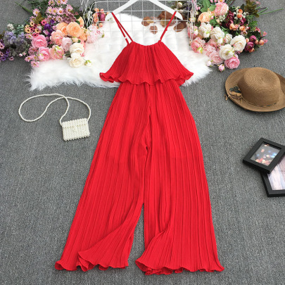 Pleated Solid Color Suspender Ruffle Backless Wide-leg Jumpsuit-Multicolor NSYXG131782