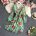 chiffon pleated floral Puff sleeves V-neck lace-up dress-Multicolor NSYXG131783